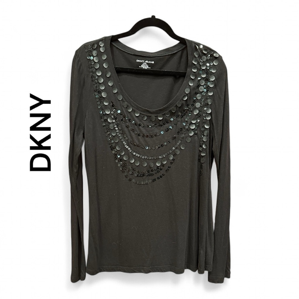 DKNY JEANS Black Sequin Trimmed Size L Top Blouse NWOT